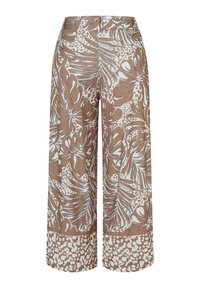 Wide-leg pants featuring a brown and white tropical leaf and spotted pattern with a high waist and back zipper closure.