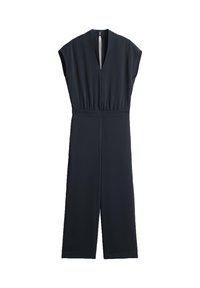 Marine jumpsuit met een V-hals, korte mouwen en een cinched taille. Beschikt over brede broekspijpen en een sleutelgat sluiting op de rug. Soepele, lichte stof.