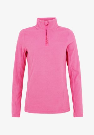 Rosa Fleece-Pullover mit halbem Reißverschlusskragen, langen Ärmeln und weicher Textur. "Protest"-Logo vertikal auf der Vorderseite aufgedruckt.