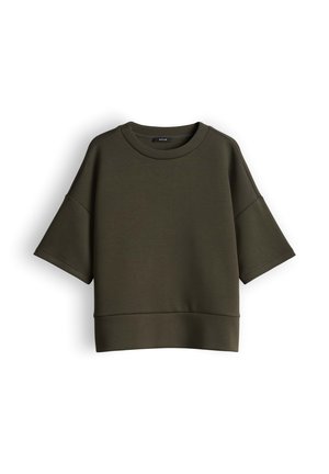 Dunkelgrünes Sweatshirt mit kurzen Ärmeln, rundem Ausschnitt und breiten Bündchen, vor weißem Hintergrund dargestellt.