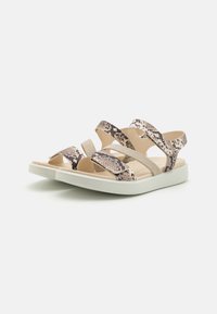 Sandaalit, joissa on säädettävä malli, beige ja ruskea käärmeennahkakuosi, ruskea pohja ja valkoinen pohja mukavuutta ja tukea varten.