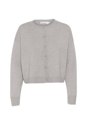 Šedý cardigan s kulatým výstřihem, šesti knoflíky vpředu a žebrovanými manžetami a lemem. Vyrobeno z měkké pleteniny. Zkrácený střih.