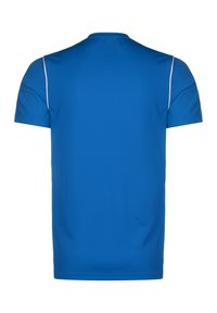 T-shirt blu a maniche corte con scollatura rotonda, realizzato in tessuto morbido. Presenta accenti laterali di colore chiaro e un design semplice.