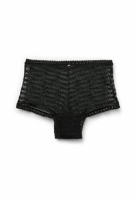 Zwarte kanten hipster briefs met een gestructureerd gestreept patroon. Heeft gegolfde randen en een klein decoratief accent op de tailleband.