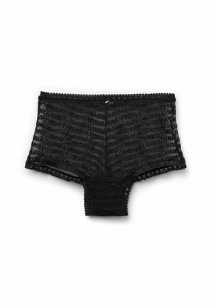 Zwarte kanten hipster briefs met een gestructureerd gestreept patroon. Heeft gegolfde randen en een klein decoratief accent op de tailleband.
