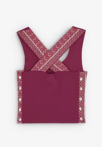 Top senza maniche color marrone bordeaux con spalline incrociate e dettagli decorativi. Presenta bottoni ornamentali e una trama simile a filato lungo i bordi.