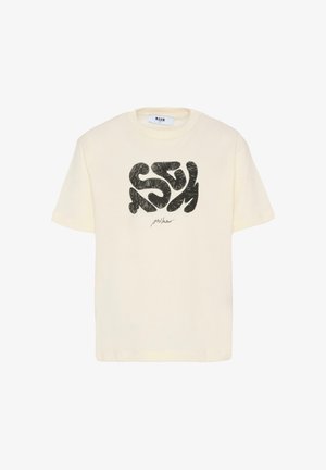 T-shirt in cotone color crema con maniche corte, caratterizzata da una stampa nera di un logo astratto al centro e un colletto tondo.