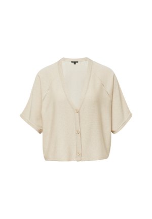 Korte mouwen, beige cardigan van gebreide stof. Heeft een v-hals, knoopsluiting en een delicate steekpatroon bij de schouders.