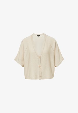 Short-sleeve, beige cardigan made of knit fabric. Features a v-neck, button closure, and delicate stitch pattern near shoulders.