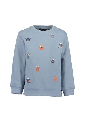 Hellblauer Kinder-Sweatshirt mit bunten Cartoon-Monster-Illustrationen, die vorne verstreut sind, Rundhalsausschnitt und lange Ärmel.