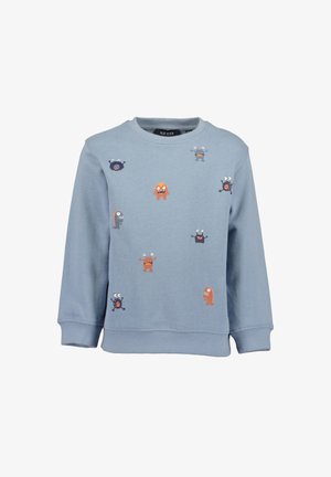 Hellblauer Kinder-Sweatshirt mit bunten Cartoon-Monster-Illustrationen, die vorne verstreut sind, Rundhalsausschnitt und lange Ärmel.