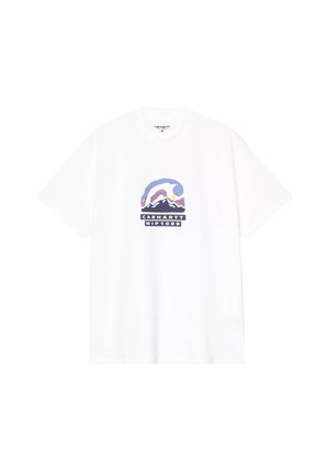Biała bawełniana koszulka z krótkim rękawem z grafiką gór w odcieniach purpury i niebieskiego oraz napisem "CARHARTT WIP 1989" w ciemnoniebieskim kolorze.