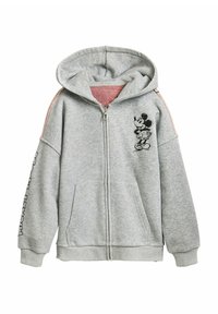 Szürke cipzáras kapucnis pulóver puha tapintással, rózsaszín béléssel, oversize szabásban, oldalsó zsebekkel és a mellső részén nyomtatott Mickey Mouse mintával.