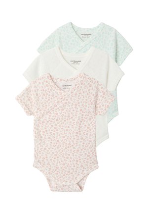 Drei kurzärmelige Baby-Bodys mit Seitenschnappverschlüssen, in pastellrosa Blumenmuster, weißem Lochmuster und hellgrünem Blumenmuster.
