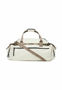 Borsa da viaggio off-white con manici beige e tracolla regolabile, dettagli della cerniera neri e tasca con zip frontale su uno sfondo bianco.