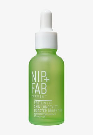 Green frosted glass dropper bottle labeled Nip+Fab Prevent Protein Fix Skin Longevity Booster Drops 10 percent.