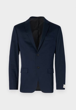Navy blue blazer made of smooth fabric, single-breasted design with two buttons, notch lapels, two front pockets, and a subtle label on cuff.
