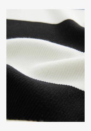 Prúžkovaná tkanina s čiernobielymi horizontálnymi pruhmi. Materiál sa zdá byť mäkký s rebrovanou textúrou, ktorá vytvára výrazné kontrastné sekcie.