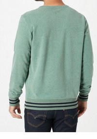 Sudadera de algodón verde con cuello redondo, mangas largas, puños de canalé y dobladillo a rayas. Llevada sobre unos pantalones vaqueros oscuros.