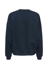 Sweat-shirt bleu marine à manches longues avec col, poignets et ceinture côtelés, vu de dos sur fond blanc.