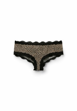 Ropa interior hipster de mujer con estampado de leopardo y ribete de encaje negro en la cintura y las aberturas de las piernas, mostrada sobre fondo blanco.