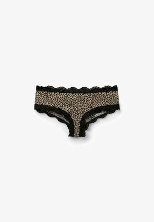 Ropa interior hipster de mujer con estampado de leopardo y ribete de encaje negro en la cintura y las aberturas de las piernas, mostrada sobre fondo blanco.
