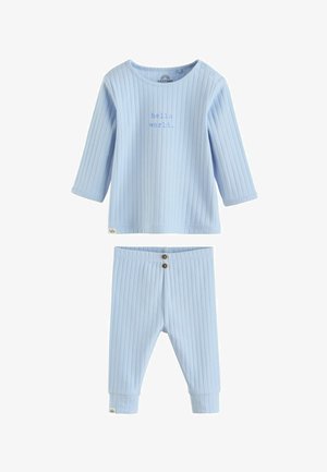 Bluza pentru bebeluși cu mânecă lungă, albastru deschis, cu model reiat și textul "hello world.", asortată cu pantaloni reiați cu două nasturi la talie.