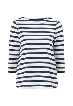 Maglietta a maniche lunghe a righe blu navy e bianche con scollatura a barca e vestibilità comoda. Realizzata in un tessuto morbido con una texture liscia.