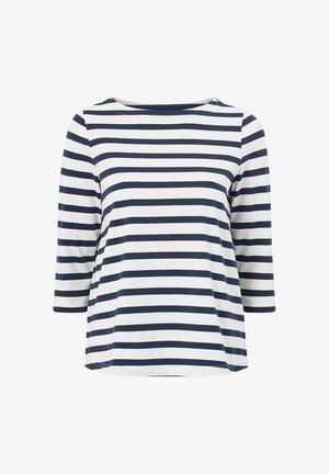 Maglietta a maniche lunghe a righe blu navy e bianche con scollatura a barca e vestibilità comoda. Realizzata in un tessuto morbido con una texture liscia.