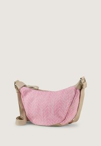 Roze tas met een visgraatpatroon, vervaardigd uit een zachte, gestructureerde stof met gladde beige lederen accenten en een hengsel. Voorzien van een ritsclosure en een verstelbaar hengsel.