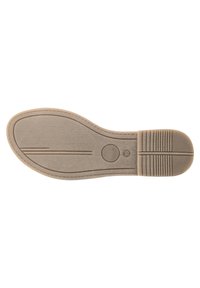 Beige schoenzool met een glad oppervlak, ronde neus, gestructureerde hak en horizontale groeven voor grip. Gemarkeerd met maat 39.