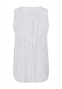 Sleeveless top in light gray with vertical white stripes. Soft texture, relaxed fit, round neckline, pleated back detail.