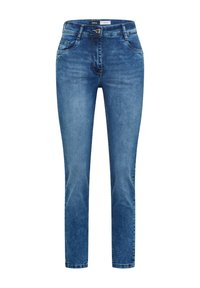 Jean skinny bleu taille mi-haute avec poches avant, passants pour ceinture, fermeture par bouton, et détails légèrement délavés.