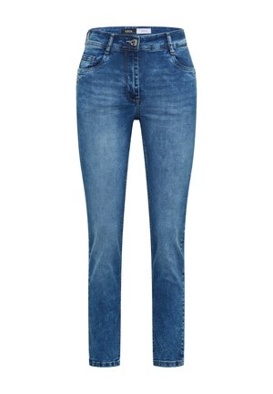 Jean skinny bleu taille mi-haute avec poches avant, passants pour ceinture, fermeture par bouton, et détails légèrement délavés.