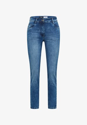 Blauwe mid-rise skinny jeans met voorzakken, riemlussen, knoopsluiting en subtiele vervaagde details.