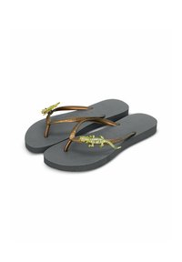 Gray rubber flip-flops featuring metallic bronze straps and decorative green lizard accents, with rhinestones on the lizard detailing.