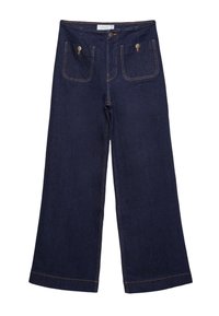 Pantalon en jean large bleu foncé à taille haute, poches plaquées à l'avant fermées par des boutons en métal et détails de coutures visibles.