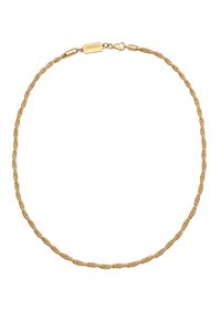 Gold-Twist-Armband mit strukturiertem Design, ausgestattet mit einem Karabinerverschluss und einem gravierten Anhänger für sicheren Halt.