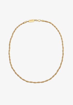 Gold-Twist-Armband mit strukturiertem Design, ausgestattet mit einem Karabinerverschluss und einem gravierten Anhänger für sicheren Halt.