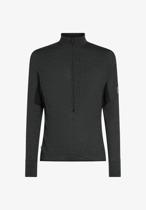 Tmavě šedý svetr s dlouhým rukávem a půlzipem, s kapsou na zip na hrudi, vysokým límcem a otvory na palce na rukávech, určený pro venkovní nebo sportovní nošení.