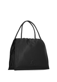 Borsa tote nera in pelle con texture liscia, parte superiore arricciata e due manici lunghi. Presenta un logo in rilievo sul davanti e un design minimalista.
