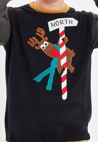 Marineblauer Pullover mit rundem gelbem Kragen; zeigt eine braune Rentier-Grafik und einen gestreiften Pfosten mit dem weißen Text "NORTH".