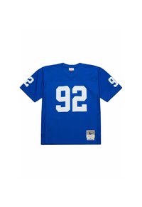 Maillot de sport bleu avec le numéro 92 blanc sur le devant et les manches, col en V, et une petite étiquette cousue près de l'ourlet inférieur.