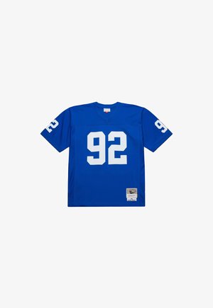 Blue sports jersey with white number 92 on front and sleeves, V-neck, and a small stitched label near the bottom hem.