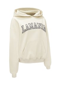 Krém színű kapucnis pulóver, elülső zsebével és nagy, sötétkék "LAMANIA" felirattal. Puha, struktúrált anyagból készült.