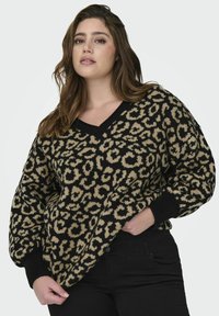 Moteris su ilgais rudais plaukais, dėvinti juodai ir smėlinės spalvos leopardų rašto megztinį ir juodas kelnes, pozuoja su viena ranka kišenėje, o kita laiko megztinį.