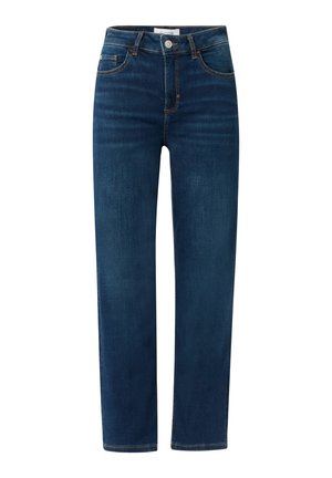 Dark blue straight-leg jeans made of denim, featuring a classic five-pocket design and subtle stitching detail on the pockets and seams.