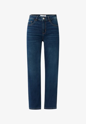 Dark blue straight-leg jeans made of denim, featuring a classic five-pocket design and subtle stitching detail on the pockets and seams.