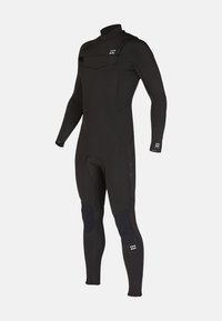 Black full-body wetsuit with long sleeves, high collar, chest zip, and reinforced knee pads on a plain light background.