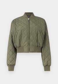 Πράσινο χακί μπουφάν bomber με καπιτονέ ύφασμα, ριμπ λαιμόκοψη, μανσέτες και τελείωμα, φερμουάρ μπροστά και πλαϊνές τσέπες με κλίση.
